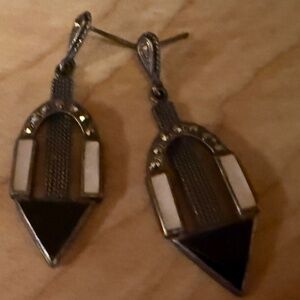 Vintage Art Deco Silver Marcasite Black Onyx Drop Pierced Earrings